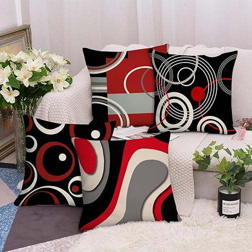 Miniatura 3 de Juego de 4 fundas de almohada abstractas rojas y negras de 18 x 18 pulgadas, fundas de almohada decorativas, fundas de cojín cuadradas geométricas