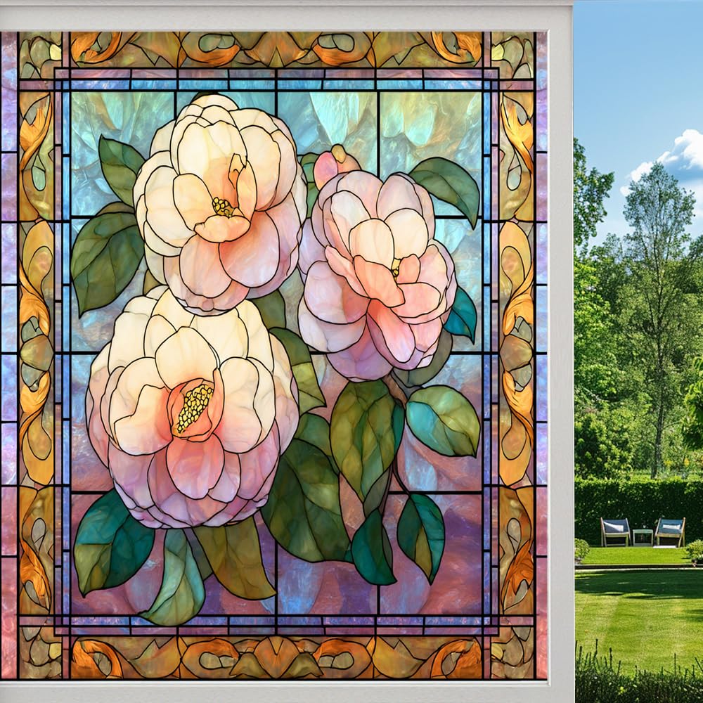 Colorful Camellias Stained Glass Window Film, Spring Romantic Natural Flowers Peel and Stick Privacy Film, Frosted Adhesive Vinyl Decorative for Bathroom Windows Glass Doors, （90x160cm）