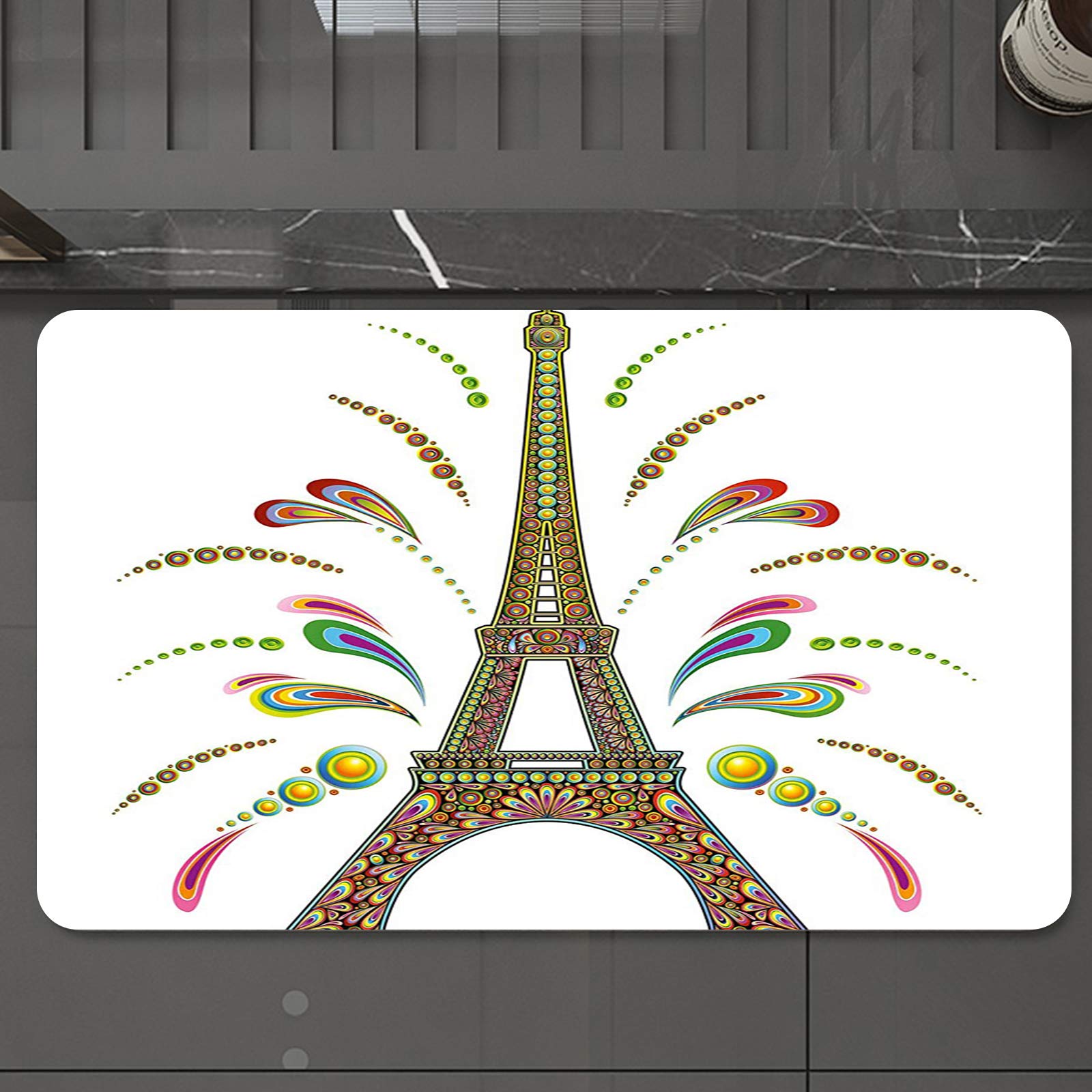 Bath Mat 50 x 80 cm Non-Slip Bathroom Mat,Psychedelic Paris Eiffel Tower Theme Abstract Fireworks Design with Rainbow Psy,Super Absorbent Water,Machine-Washable,Microfiber Absorbent Bathroom Floor Mat