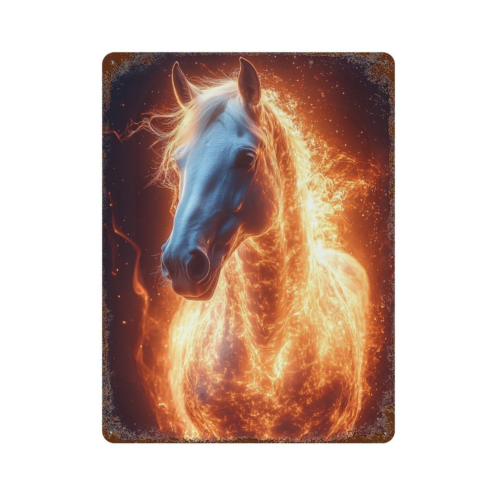 Decorative Tin Sign with Fiery Horse Portrait Design 15.7"x11.8", for Basement, Hobby Room And Garage Decor, Farmhouse Wall Decor