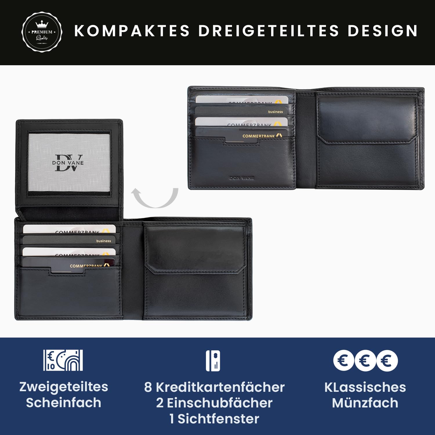 Elite Comfort – Echt Leder Geldbörse Herren schwarz inkl. Geschenkbox – RFID Portemonnaie Portmonee mit 11 Fächern – Echtleder Geldbeutel für Männer 11 x 9,5 x 2cm