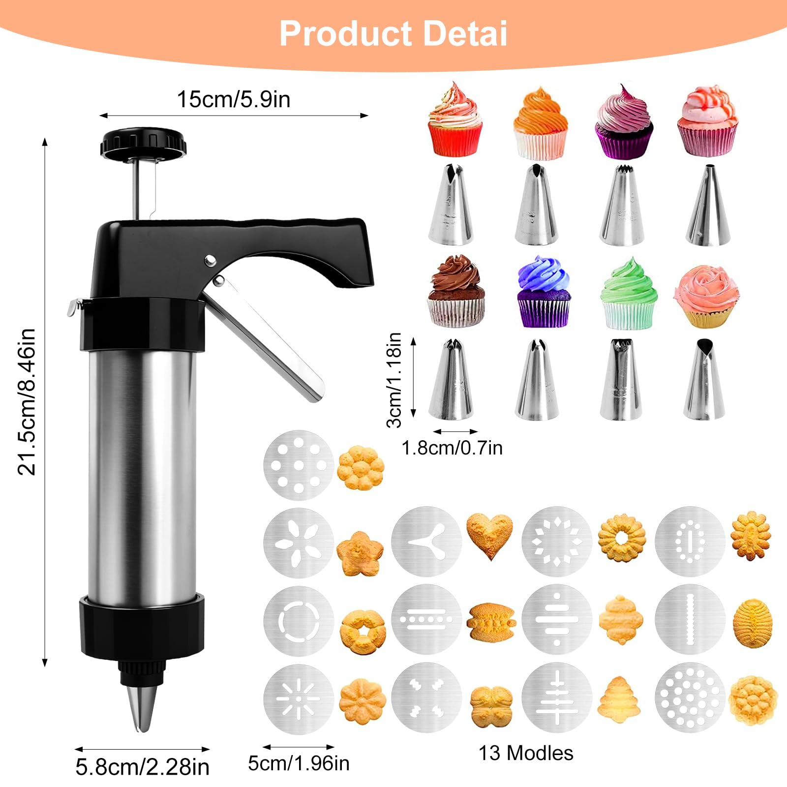 Siringa per Dolci in Acciaio Inox, Pistola per Biscotti con 13 Forme & 8 Beccucci, Macchina per Churros e Decorazioni, Set Pasticceria con Sac à Poche Riutilizzabile per Dolci e Biscotti Fatti in Casa