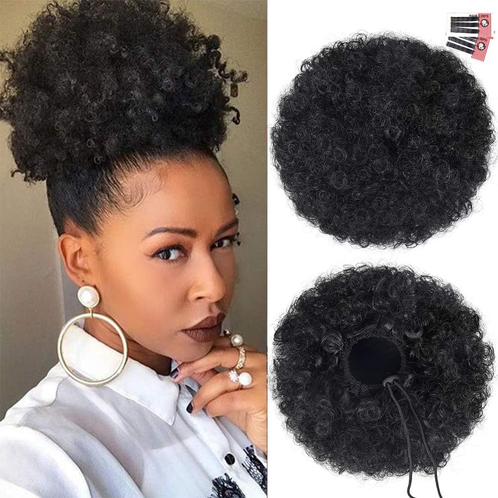 rosmile Afro Puff Drawstring Ponytail Extension for Black Women, Premium Black 1B 80gram Short Synthetic Afro Puff Ponytail for Natural Hair, Clip On Kinky Drawstring Curly Ponytail Bun