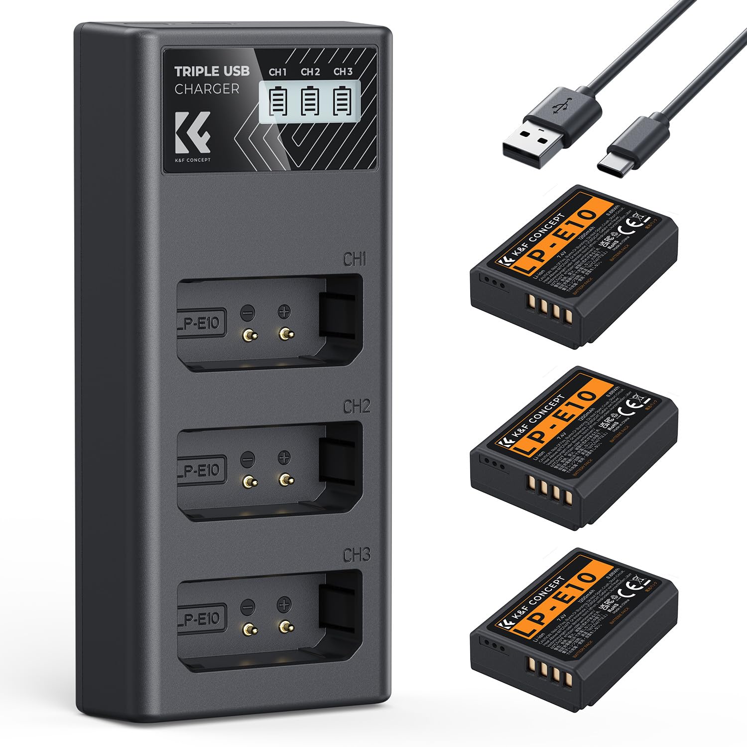 K&F CONCEPT LP-E10 3 Pack Baterías 1200mAh y Cargador LCD de 3 Ranuras Compatible con Canon EOS Rebel T7 T6 T5 T3 T100 Kiss X50 Kiss X70 EOS 1100D 1200D 1300D 2000D