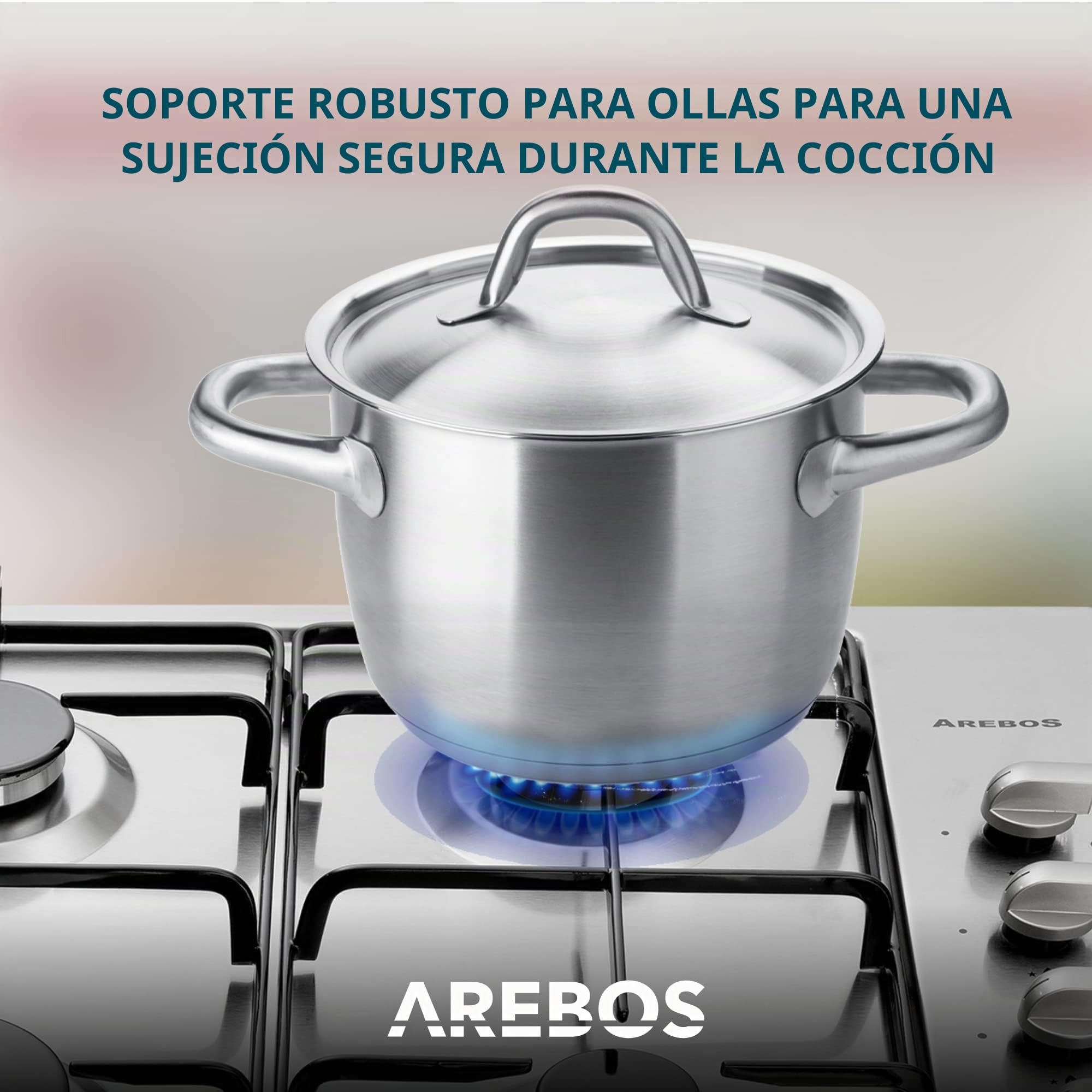 Arebos Placa de gas de 4 fogones | Acero inoxidable |Incluye rejilla y piloto de seguridad | Autosuficiente| Apta para gas natural y propano | Encimera de gas