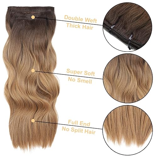 Miniatura 3 de 4 extensiones de cabello con clip de 20 pulgadas, extensiones de cabello sintético grueso con clip, para mujer (marrón chocolate degradado a rubio