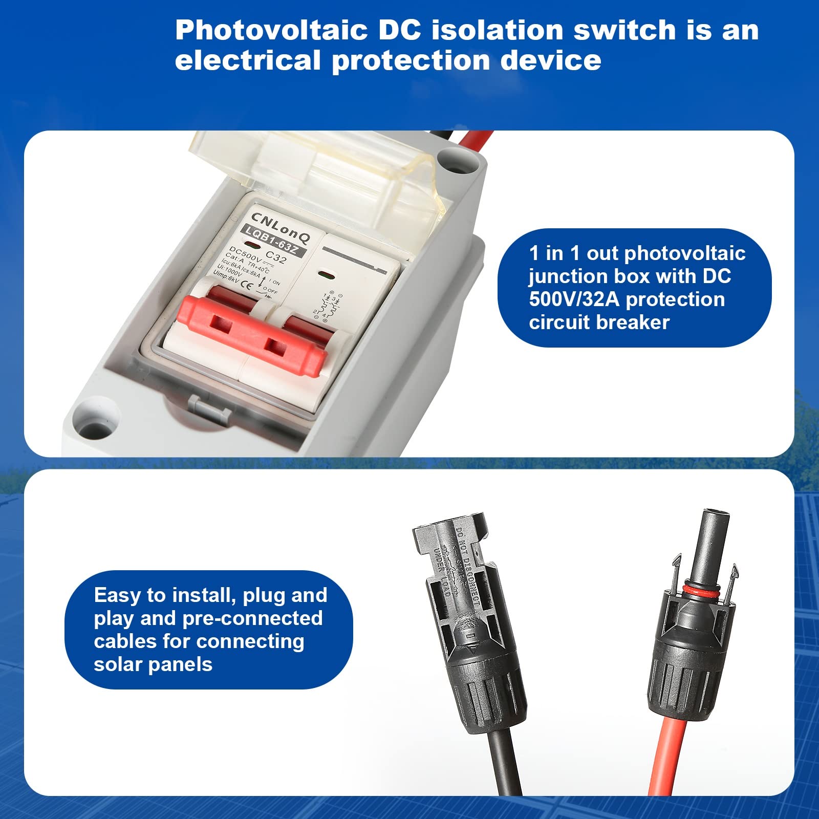 BuyWeek Interruptor de Separación Disyuntor DC Impermeable IP65 Solar Power Isolation Switch and Circuit Breaker 500V 32A Scatola Combinata Fotovoltaica para Sistemas Solares Interiores y Exteriores