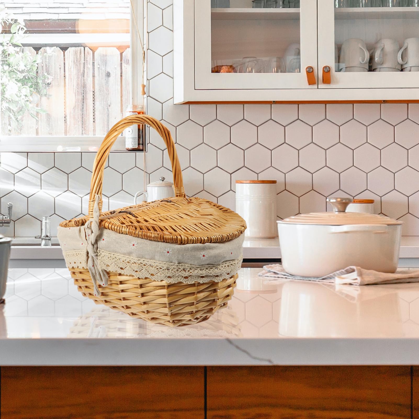 Toddmomy Flechtkorb Mit Deckel Und Griff Rattan Picknickkorb 13.8X9.8X6.7 Zoll Vielseitiger Aufbewahrungskorb Für Obst Brot Und Haushaltsgegenstände Ideal Für Picknick Und Garten