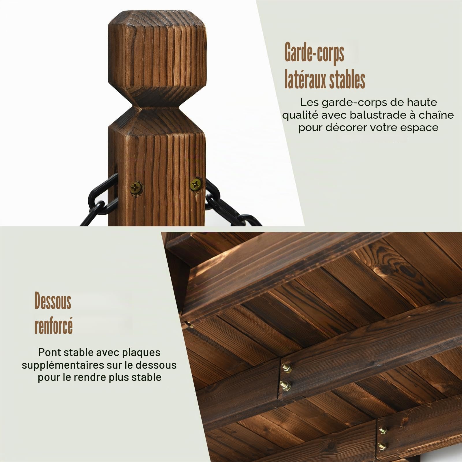 SOARS Pont de Jardin en Bois de Sapin Carbonisé avec Balustrade à Chaînes, Pont Décoratif Robuste Charge 180 kg, 150 x 67 x 55 cm, Marron
