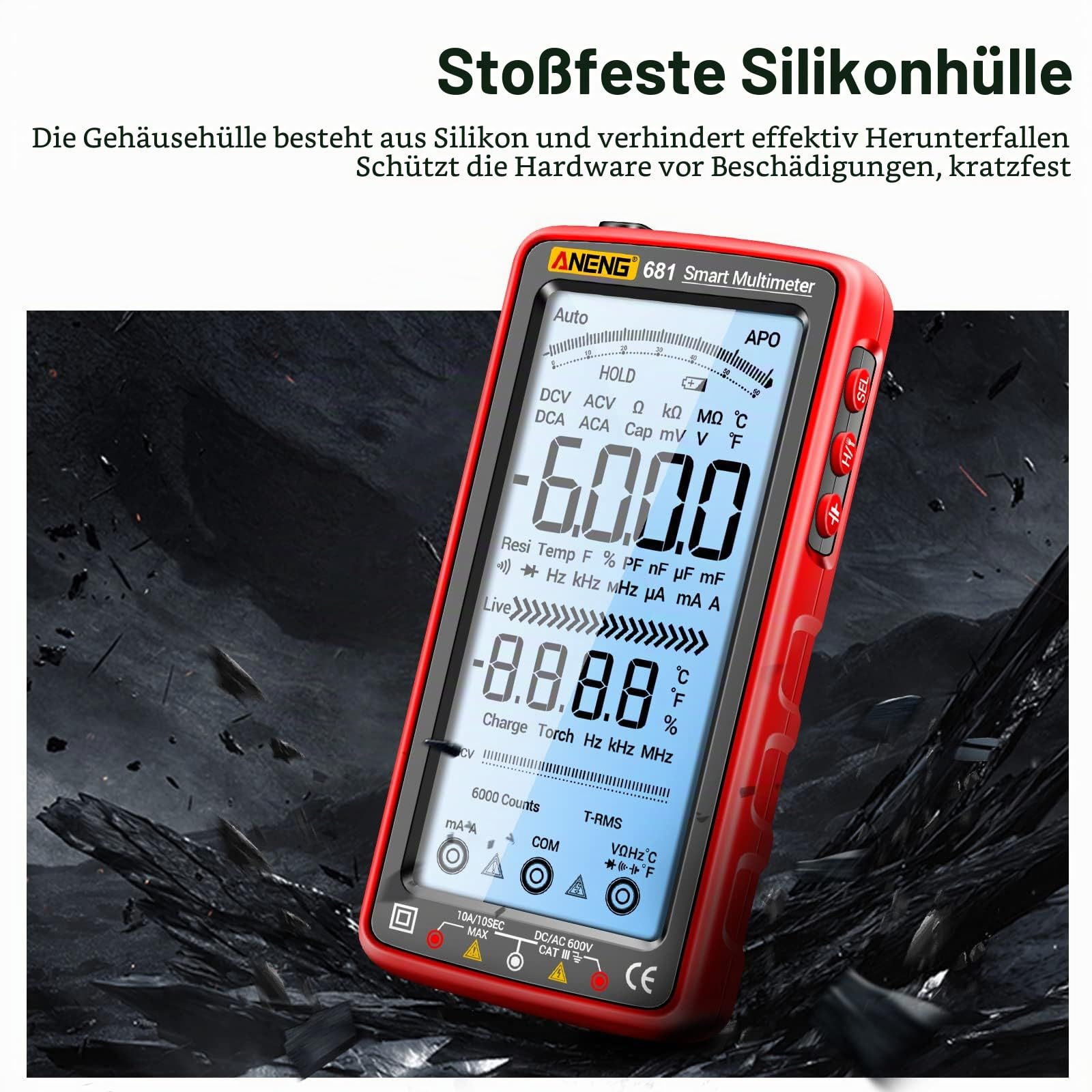 Irfora 681 6000 Counts Digital Multimeter Smart Anti-Burn Wiederaufladbares Universalmessgerät NCV Tester 5 Zoll großes LCD mit hintergrundbeleuchteter Taschenlampe für Spannung, Strom, Widerstand,