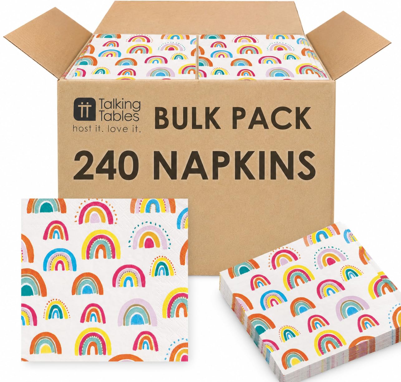 Talking Tables 240 x Rainbow Cocktail Paper Napkins, Disposable Serviettes for Birthday, Baby Shower, Kids Party, Pride Party, 3ply, 25x25cm