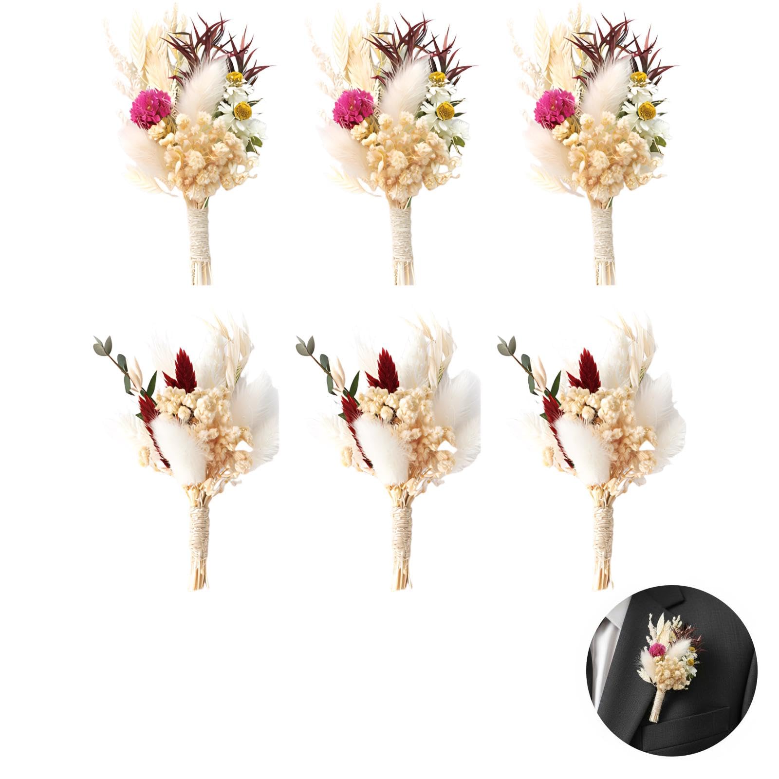 6 STK. Mini Trockenblumensträuße Set, Mehrfarbig, natürlich und rustikal, gemischte konservierte Bouquets für Hochzeitsanstecker, Deko für Hochzeit, Brautjungfern Geschenke, Party Mitgebsel,