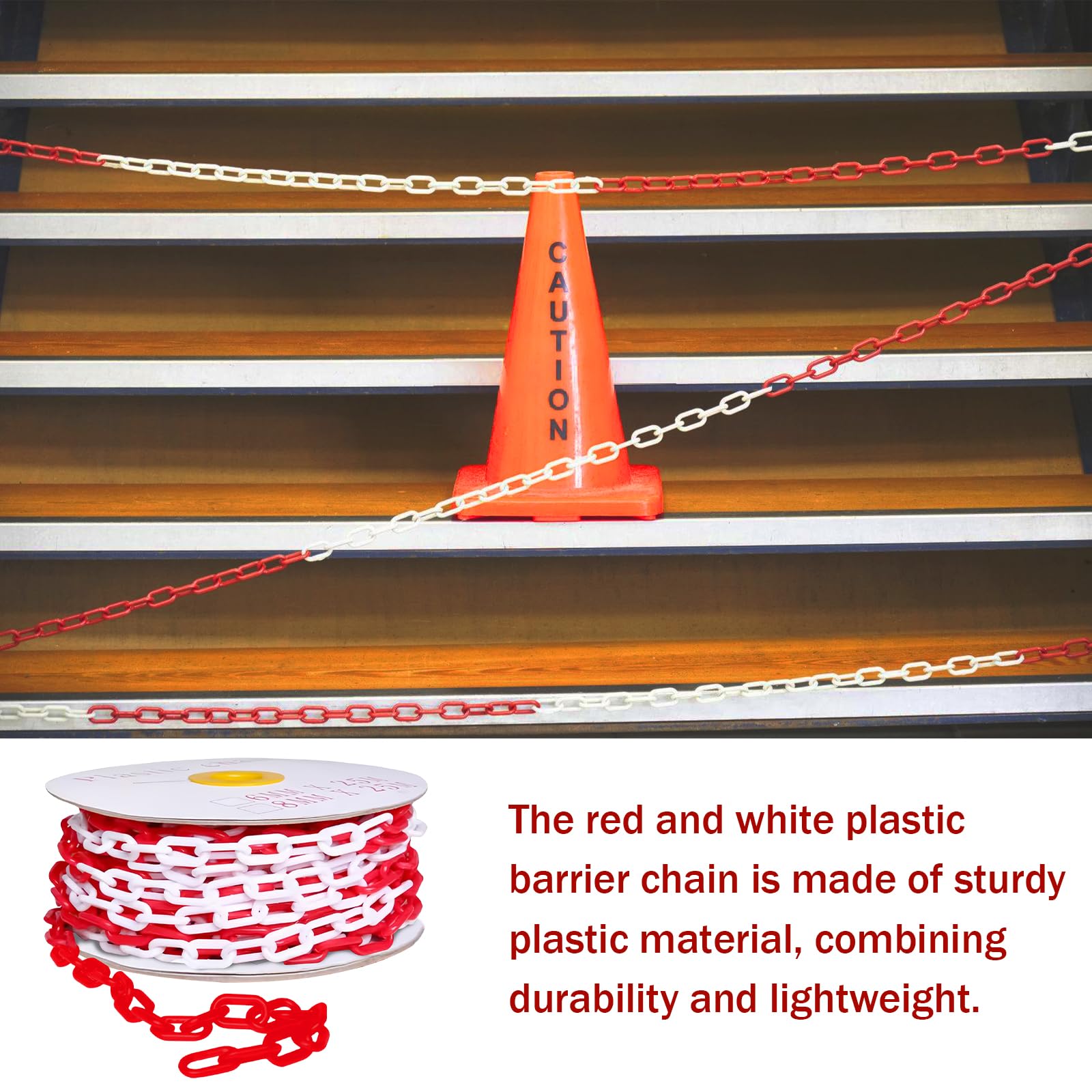Catena di Sicurezza: Catena di Sicurezza in Plastica Rossa e Bianca da 25m, Catena di Segnalazione da 6mm per Aree di Blocco, Barriera a Catena in Plastica per Cantieri Edili, Parcheggi, Code