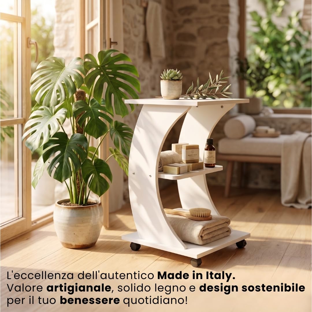 Italy Green Life - Carrello Curvo con Ruote Multiuso in Legno a 3 Ripiani - Mobiletto Salvaspazio 45x45x80 cm - Carrello Estetista - Tavolino con Rotelle Silenziose - Made in Italy