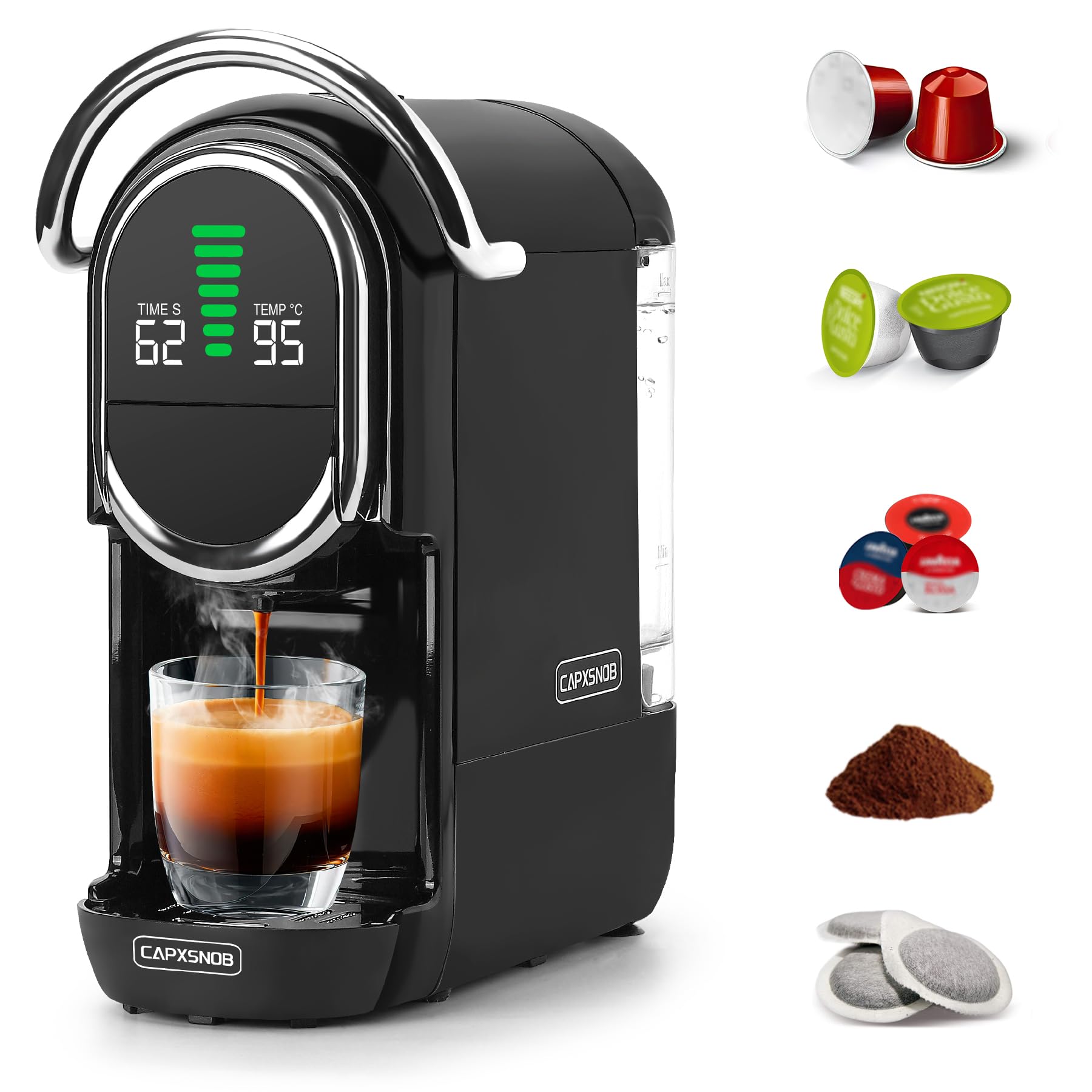 Magician1 Mini Macchina da Caffè Cialde 5in1 per Nespresso Originali, Dolce Gusto, Lavazza A Modo Mio, ESE 44 Cialde e Caffè Macinato, 20 Bar, 1450W, Display LED, Acqua Regolabili 7 Livelli