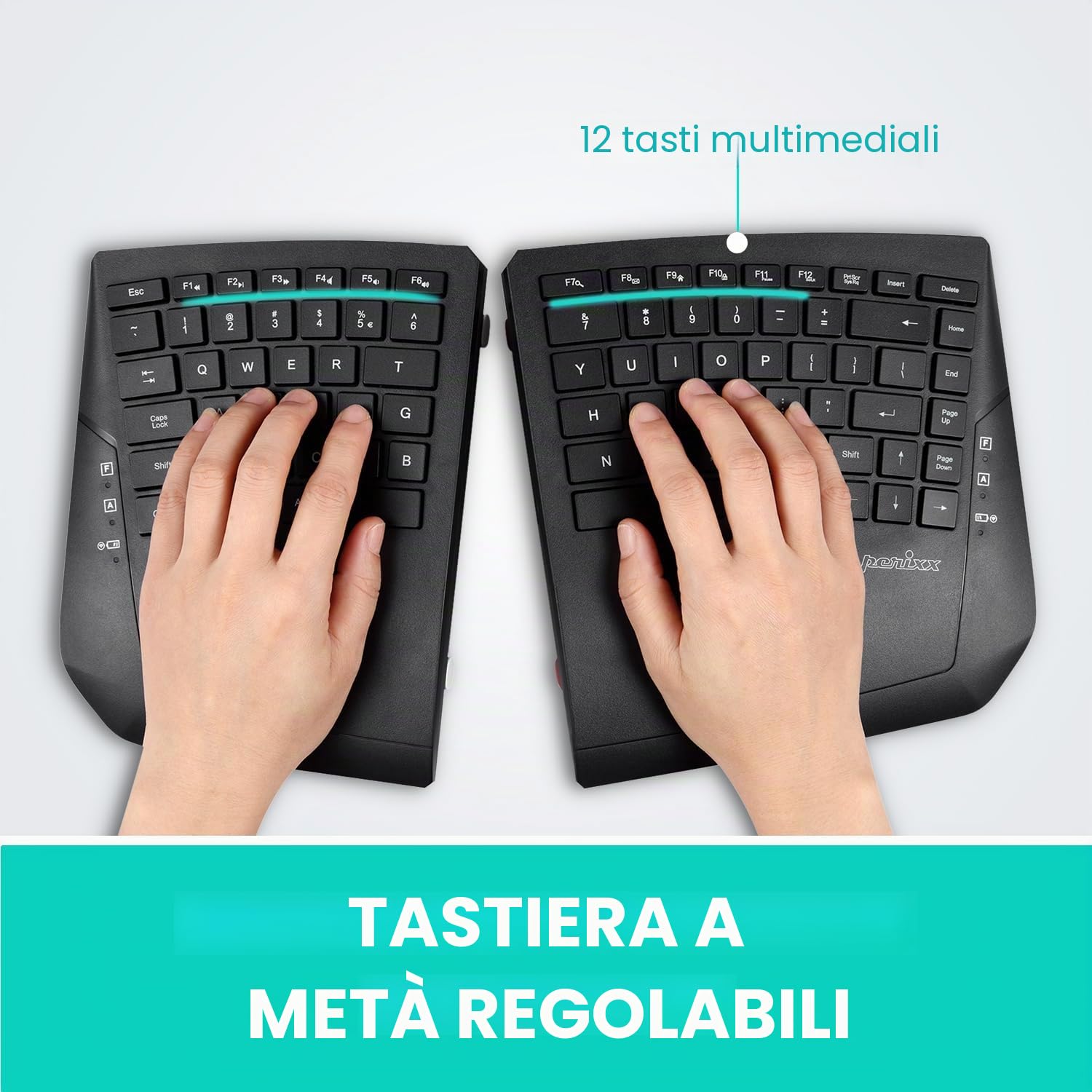Perixx PERIBOARD-624B US, tastiera wireless ergonomica divisa - separazione fino a 9 m - angolo di inclinazione regolabile - tasti a membrana a basso profilo - nero - inglese americano