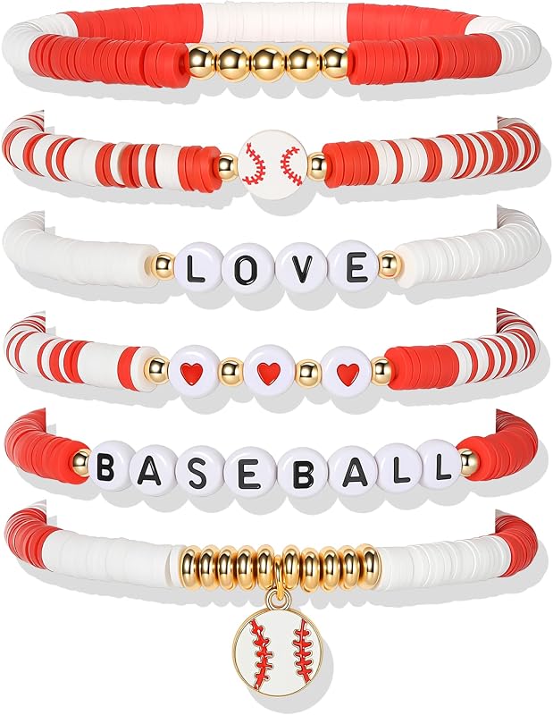 World Soccer Game-day Cup Bracelet Stack Set 7pcs Softball/Baseball/Basketball/Soccer/Volleyball/Tennis/Football Stretch Sports Fans Jewelry Sports Beaded Bracelets with Charms