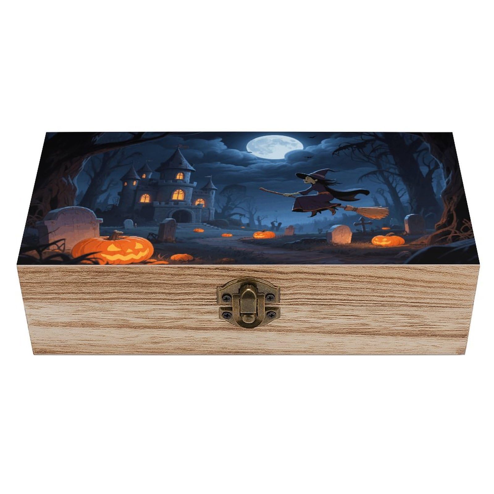 VstaDank Orange Pumpkin Witch Scary Castle Wooden Storage Box Vintage Style Wooden Storage Case with A Hinged Lid Memory Treasure Boxes Decorative Jewelny Photos for Organizer 7.9 * 3.7 * 2.3 Inch