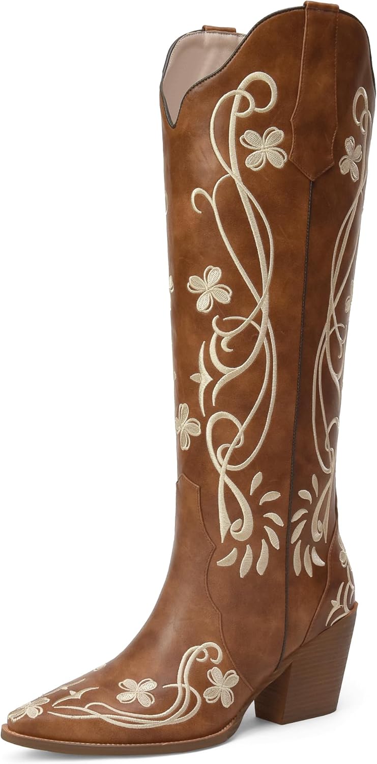 iiimmu Cowgirl Boots Women Knee High Vintage Cowboy Boots with Floral Embroidered Classic Pull On Design Western Footwear