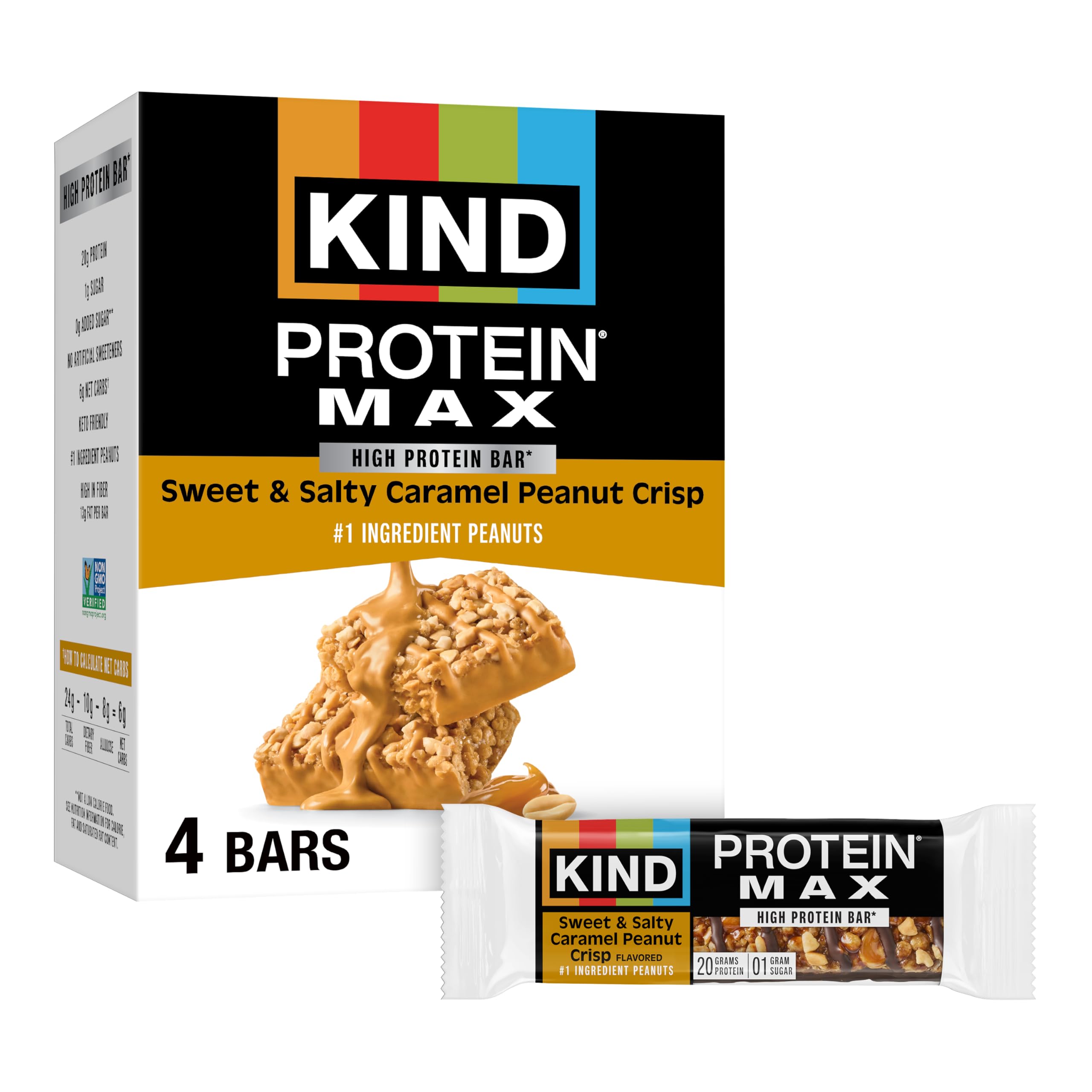 Protein MAX Sweet & Salty Caramel Peanut Crisp Snack Bars, 20g of Protein, Keto Friendly, 1g of Sugar Per Bar, Gluten Free, 4 Count Box