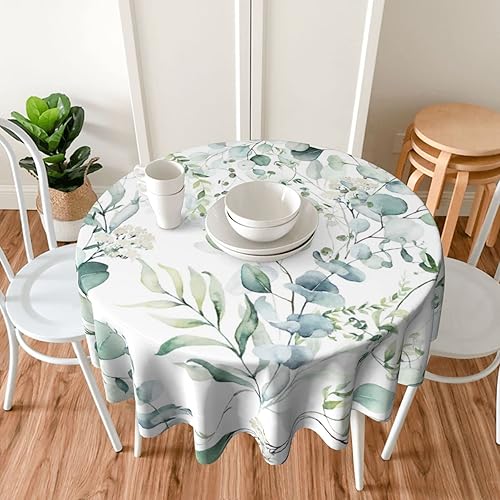 Miniatura 7 de Mantel redondo reutilizable de hojas redondas de eucalipto verde acuarela con patrón de suculentas mantel redondo para mesas redondas tela de 60