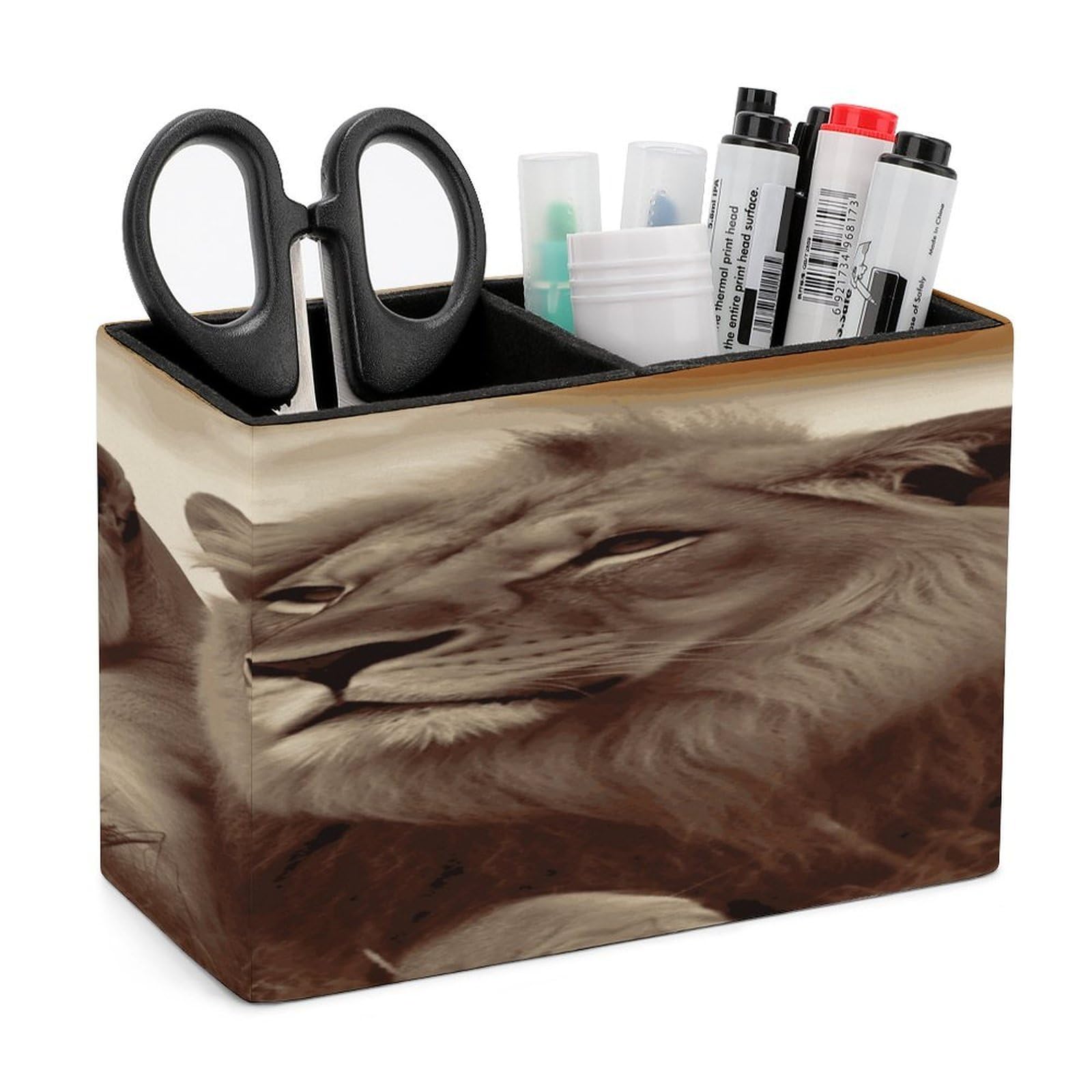 VstaDank African Lion And Lioness Pencil Holder for Desk(Double Slots) Fashion Leather Pencil Cup Simple Rectangular Shape Pen Holder Multi-Functional Pen Cup for Home Office Supplies Storage