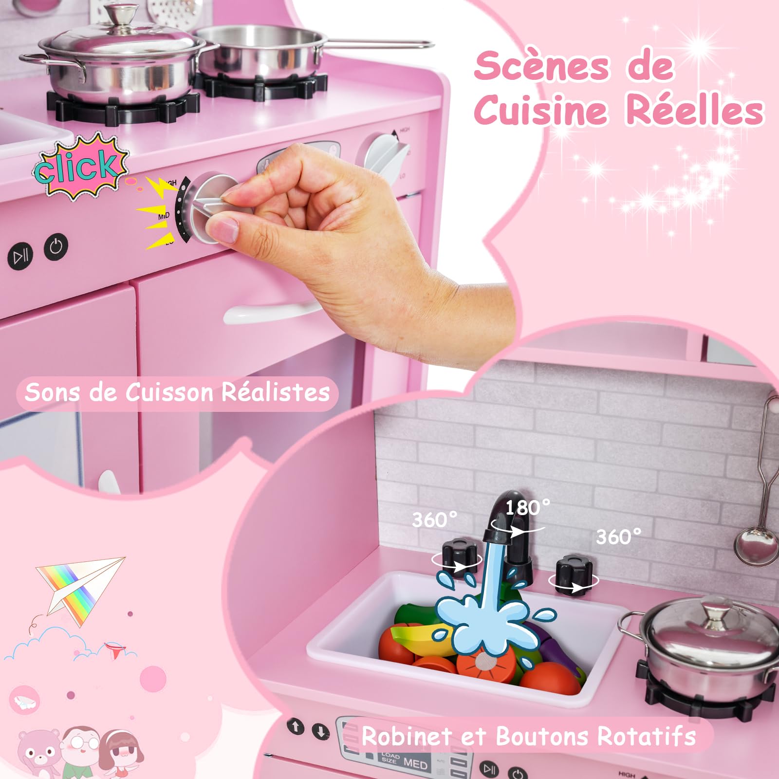 GOPLUS Cuisine en Bois Enfant avec Effet Sonore, Jouet de Cuisine Enfantavec Tableau Noir et 6 Compartiments de Rangement, Télephone, Accessoires Riches, pour Garçon Filles 3-6 Ans (Rose)
