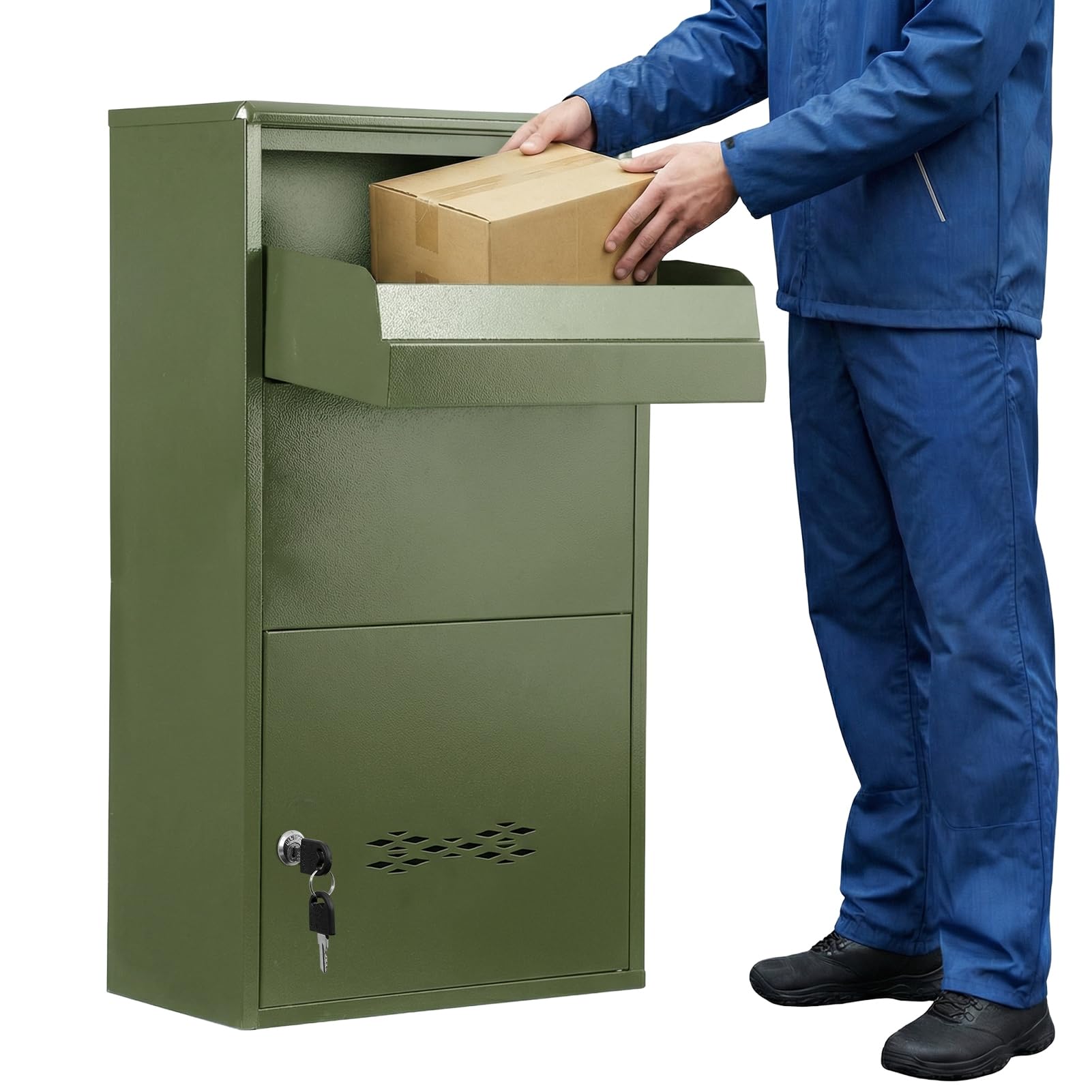 Large Lockable Parcel Box, Weatherproof Key Lock Parcel Drop Boxes, Outdoor Delivery Box with Secure Front Access for Multiple Packages Green 75cm 2