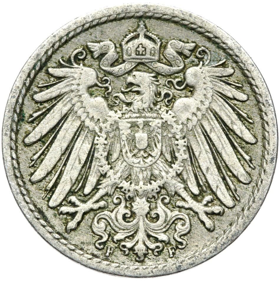 1904 -1914 Kaiser Era German 5 Pfennig Coin. Issued Under Kaiser Wilhelm II From Prussia, An Empire That Started World War 1 WW1. 5 Pfennig, Monetized And Guaranteed By The German Government. Graded By Seller. Circulated Condition