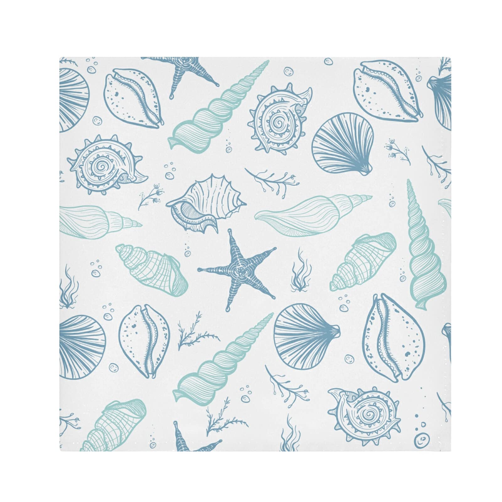 Poeticcity Multi 5 Seamless Turquoise Blue Seashells, Starfish, Seaweed, Corals On White Dinner Cloth Napkin, Set Of 1 Oversized Reusable Table Napkins, Washable Premium Fabric With Hemmed Edges For Wedding Parties