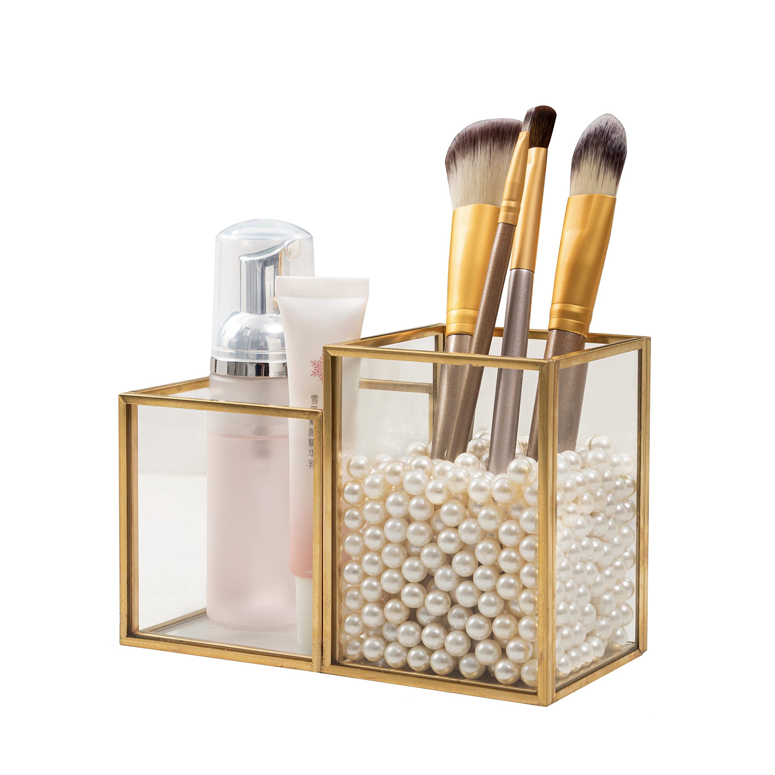 Slheqing Gold Makeup Brush Holder Organiser Glass Cosmetic Make Up Brush Holder, Makeup Storage Organizer Vintage Dressing Table Organiser Make Up Cup Pen Pencil Holder