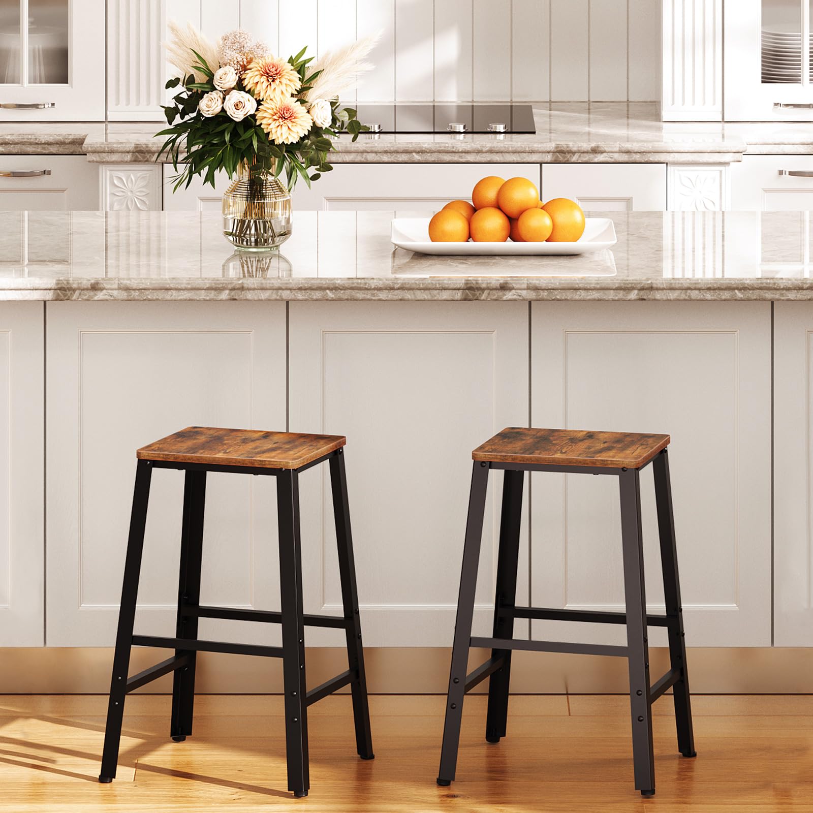 HOOBROBar Stools, Set of 2 Bar Chairs, Kitchen Breakfast Barstools with Footrests, 25.5" Counter Height Bar Stools, Industrial Kitchen Stools, for Dining Room,Bar, Rustic Brown and Black BF119BY01