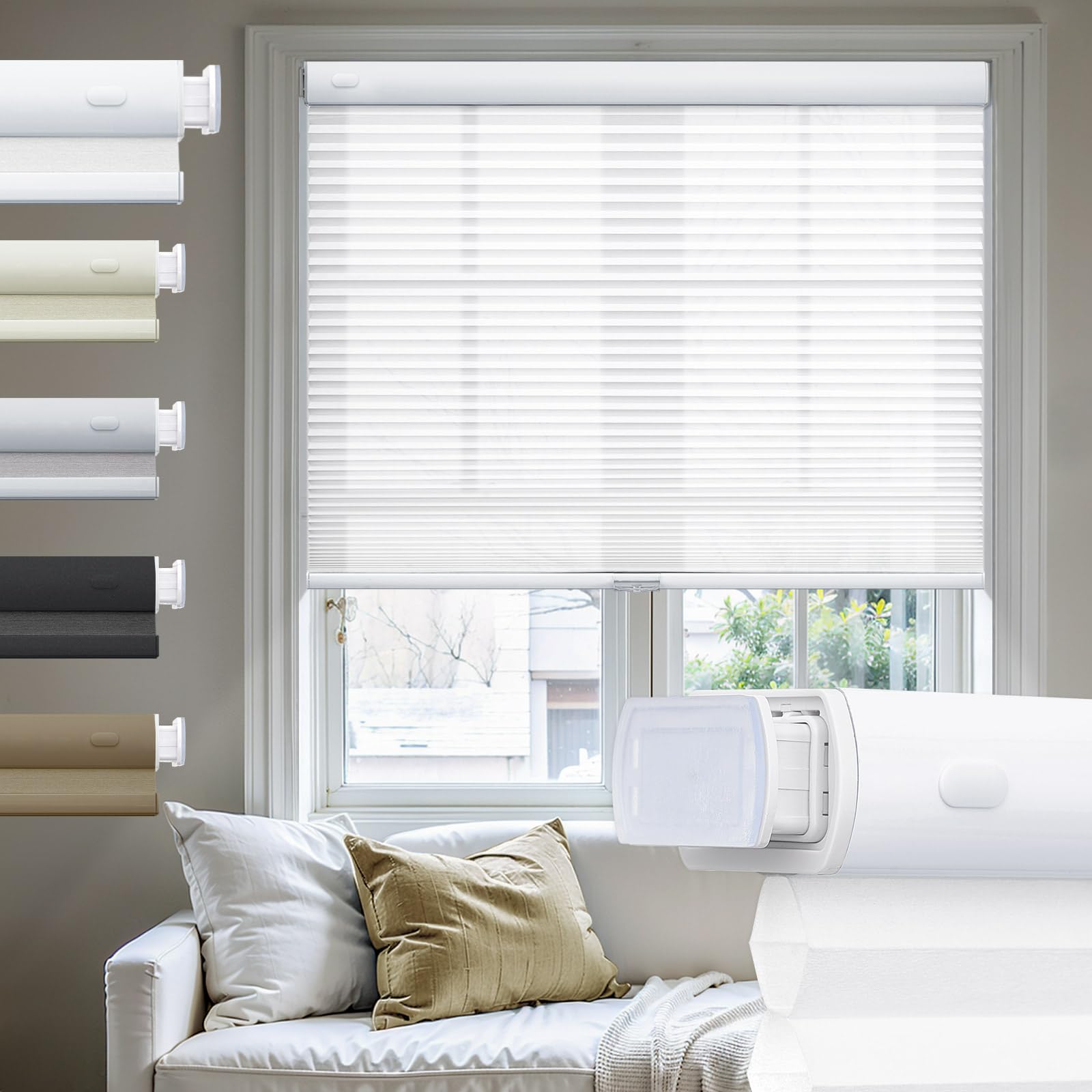 Moonice No Drill Cellular Pleated Blinds Cordless Cellular Blinds Light Filtering Color-Matched Shades Thermal Insulated 3.8cm Honeycomb Shade for Windows Home (White,190cm W x 122cm H)