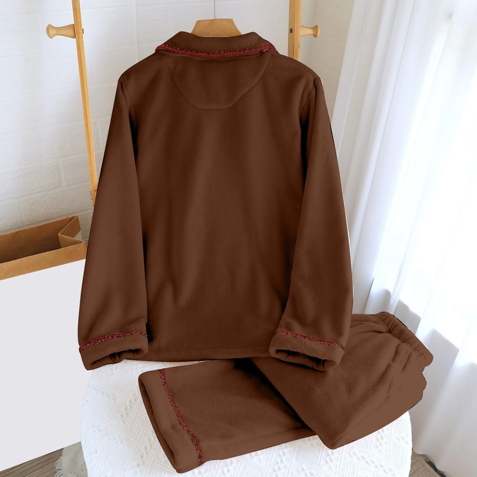 Generisch Pigiama da donna in tinta unita, leggero, morbido, pigiama con bottoni, biancheria da notte e pantaloni da pigiama, 2 pezzi, casual, elegante, per la casa, per il tempo libero
