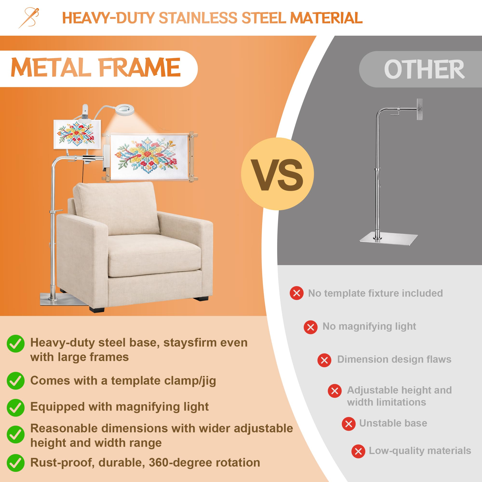 Soporte de punto de aguja, soporte de bordado ajustable y soporte de piso de punto de cruz con lupa iluminada, soporte de marco de metal resistente para aros, varillas Q-Snap y de