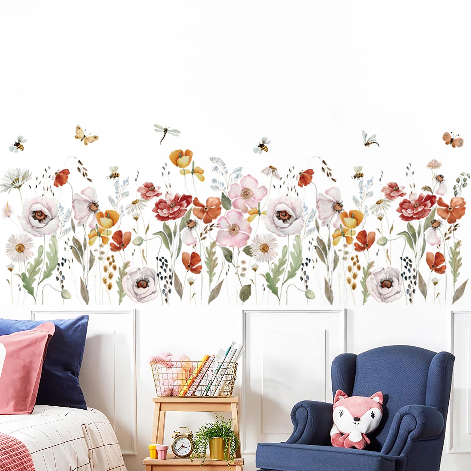 Buiory Large Flowers Butterfly Wall Decals Peel and Stick Colorful Flower Wall Stickers Garden Floral Plants Wall Mural for Girls Bedroom Living Room