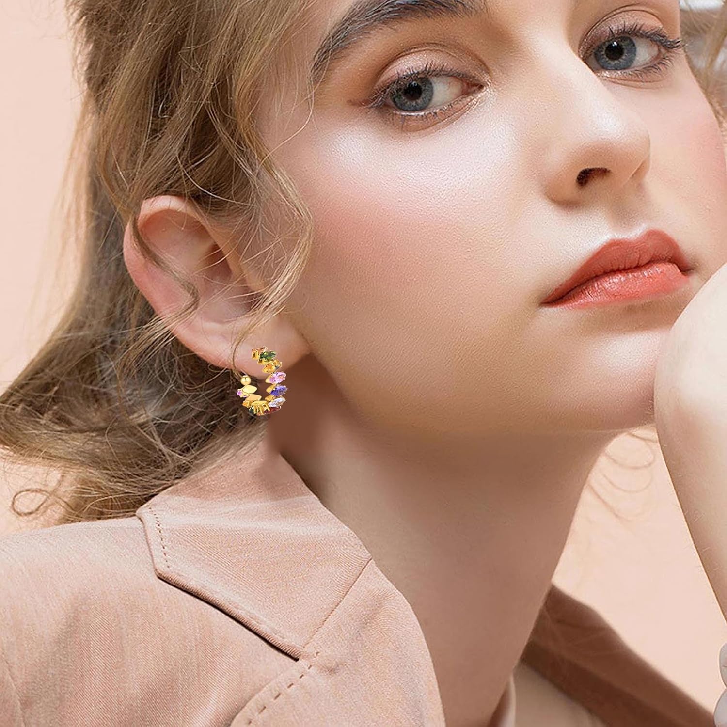 18K Gold Plated C Shaped Hoops Earrings Inlaid Cubic Zirconia - Open Round Diamond Statement Earrings, Multi Colors Crystal Earrings, Minimalist Hooped Fashion Jewelry for Women - Image 2