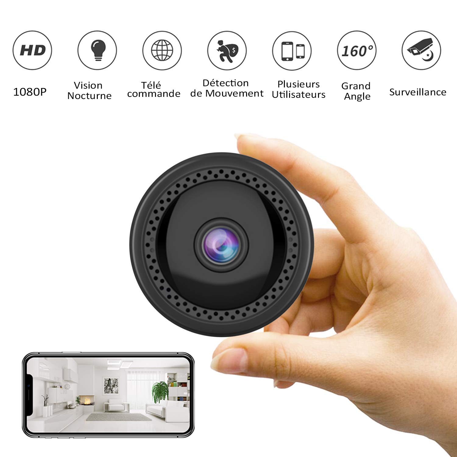 Mini Camera - CUSFLYX Wireless WIFI HD 1080P Camera Portable Wearable Nanny Pet Home Sport Security Surveillance Camera 160° Wide Angle IR Night Vision Motion Detection Loop Recording - Black
