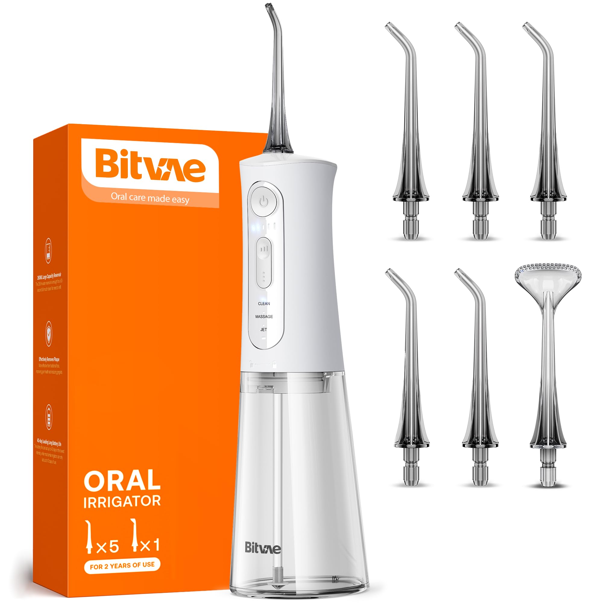 Bitvae Water Dental Flosser for Teeth, Rechargeable Water Teeth Cleaner Picks, 3 Modes 5 Intensities, IPX7 Waterproof, Oral Irrigator USB Cordless Water Dental Picks for Cleaning - Frost White