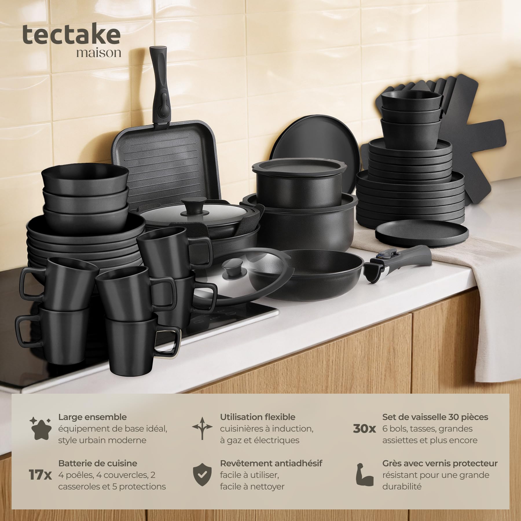 tectake® Set de cuisine 47 pièces, Service de table 6 personnes et Batterie de cuisine, Poêles Casseroles Service vaisselle Assiettes petites et grandes Assiettes creuses Bol Tasse Vaisselle en grès