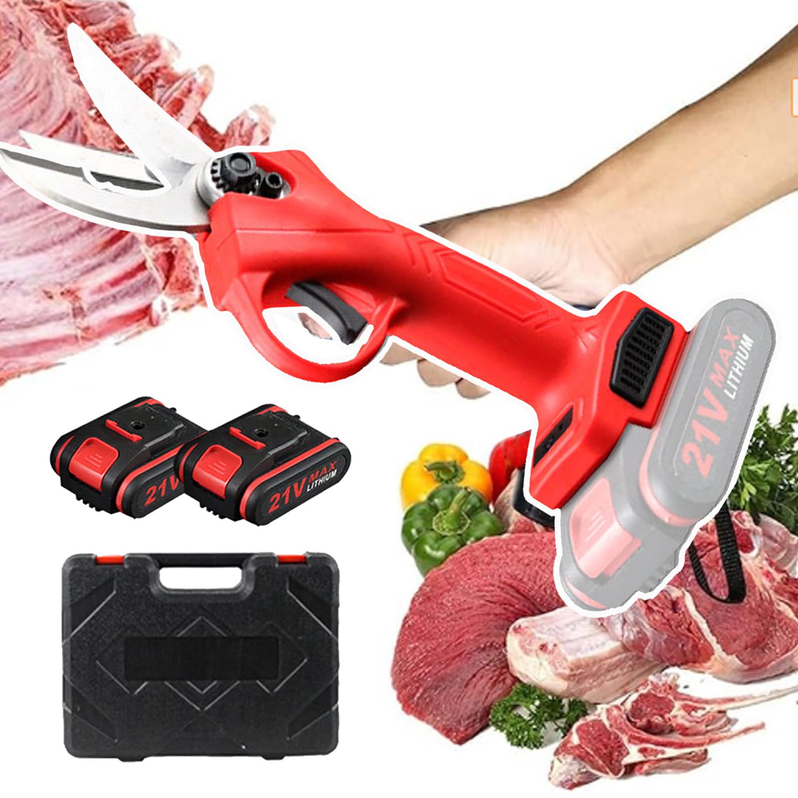 Cordless Electric Kitchen Bone Scissors - Multi-Function Poultry Shears for Chicken, Meat, Fish, Seafood, and Vegetables - Food Scissors W/ 2 * 21v Lithium Batteries,Red