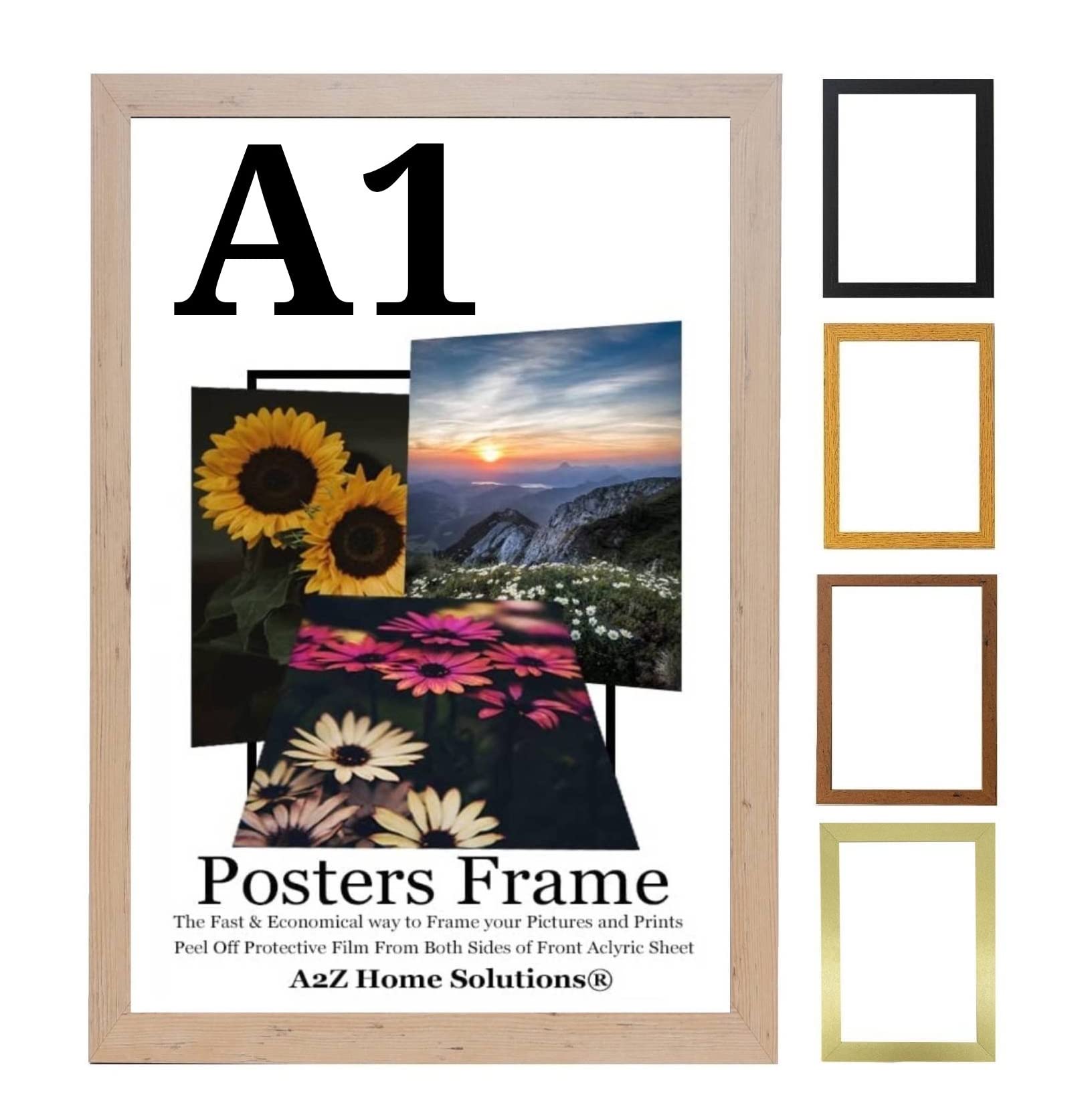 A2Z Home Solutions® Multipack Beech A1 Poster Frames 59.4 x 84.1 cm With Safe Clear Perspex Front & Wall Mounting A1 Frames In Multiple Colors MDF Backboard Portrait or Landscape (Single)
