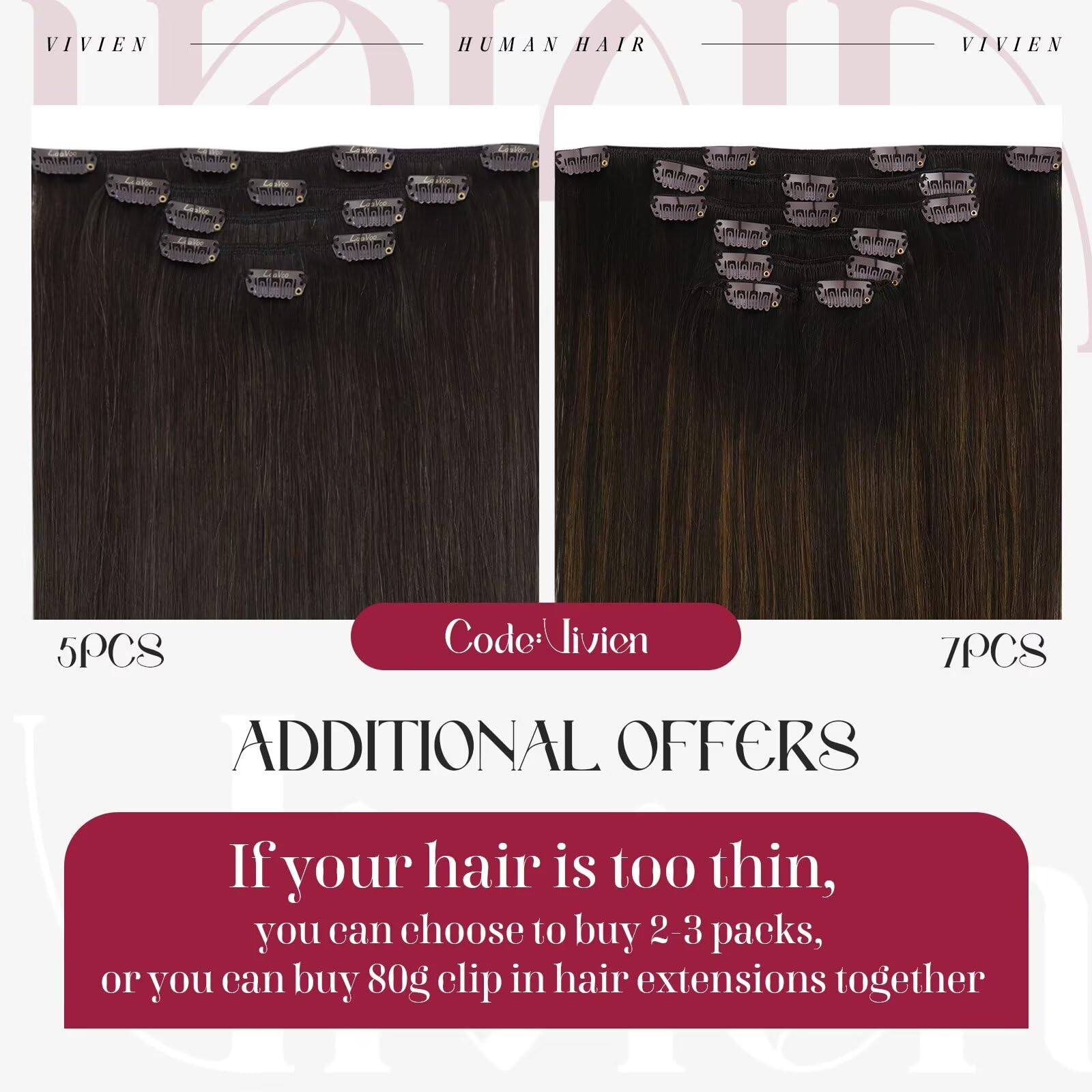 Vivien Brown Clip in Hair Extensions Darkest Brown to Light Brown Balayage Hair Extensions for Women Clip in Hair Extensions Human Hair 22 Inch 120g 7pcs #2/8/2 — view 4
