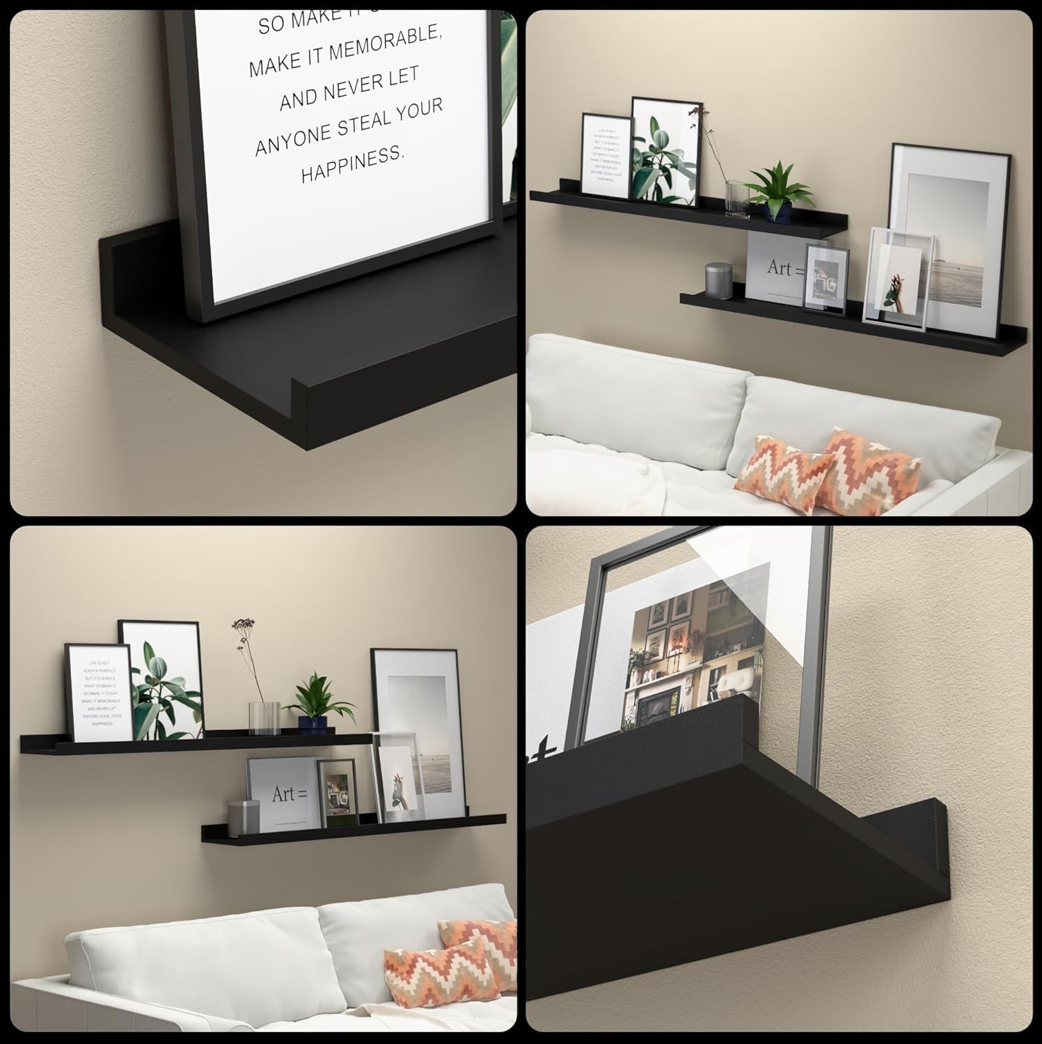 RICHER HOUSE Mensole sospese da parete con bordo, 90 cm, in legno, set da 2 pezzi, colore: nero