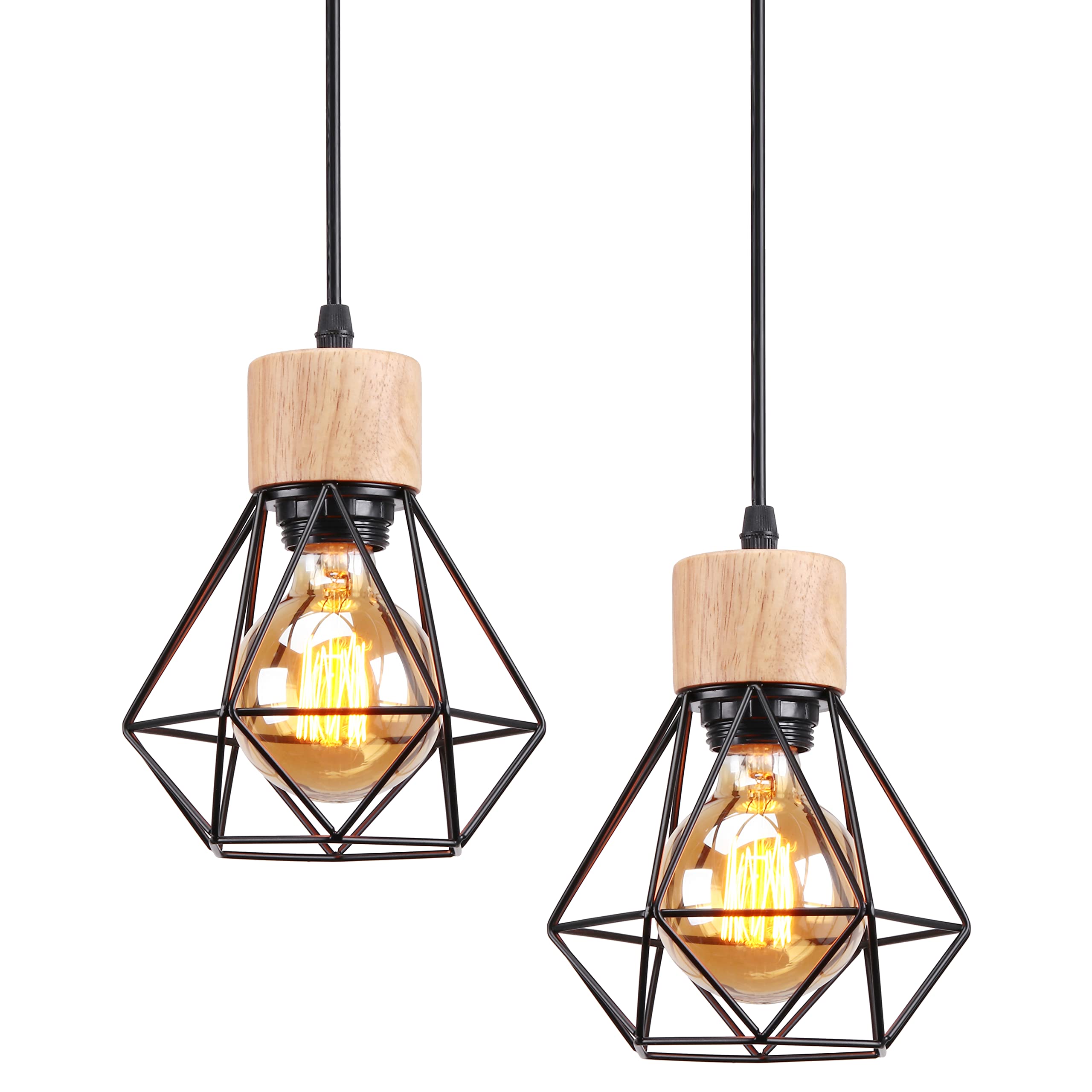 TOKIUS 2 Piezas Lámpara Colgante Vintage 16CM Retro Lámpara de Techo Diseño de Jaula Negro Luz Colgante en Hierro Madera E27 Iluminación de Interior para Pasillo Comedor Dormitorio (Colgante 1 Luz)