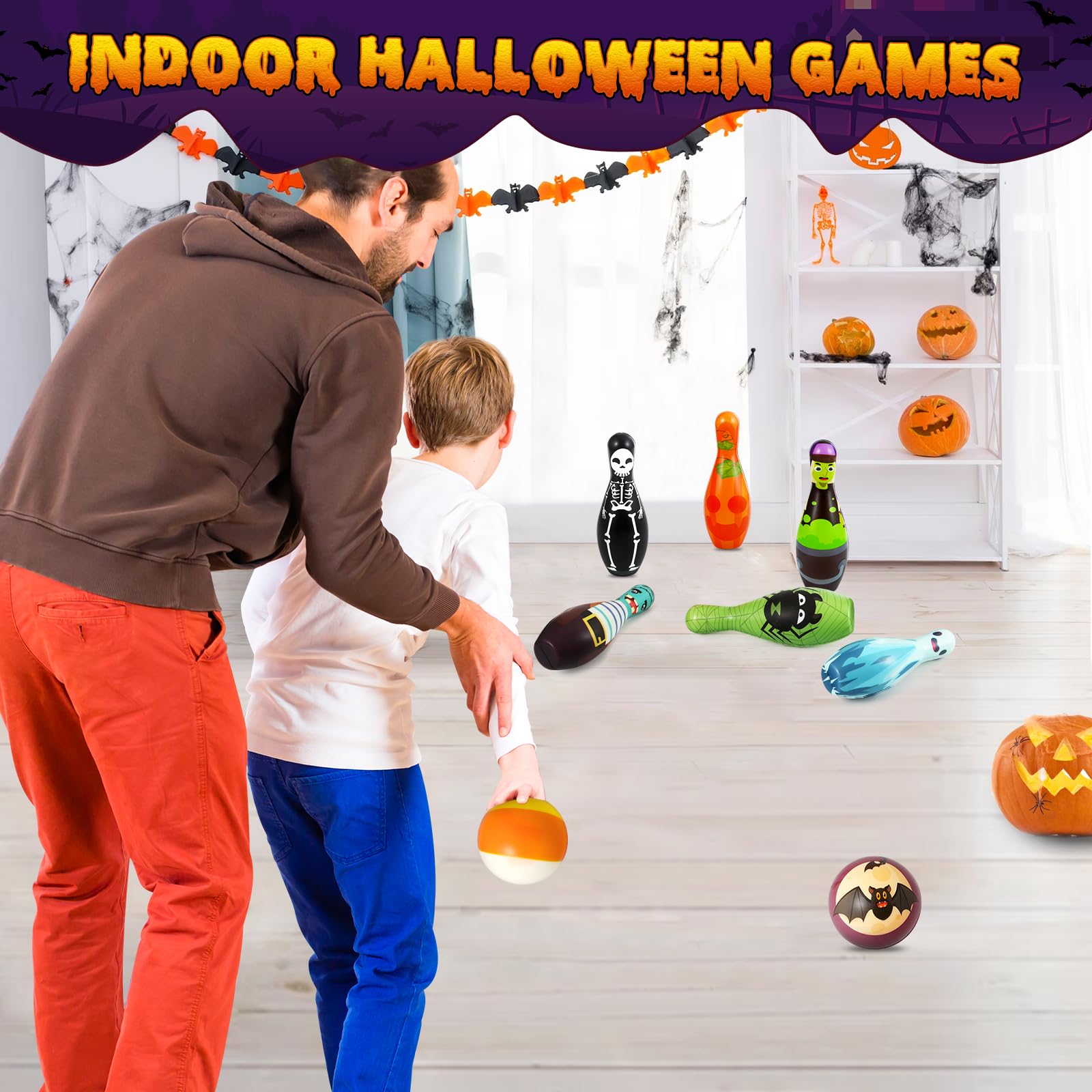 LRXIYODE Leuchtendes Bowling-Set Für Halloween - Nachleuchtende Kugeln & Kegel Für Drinnen & Draußen