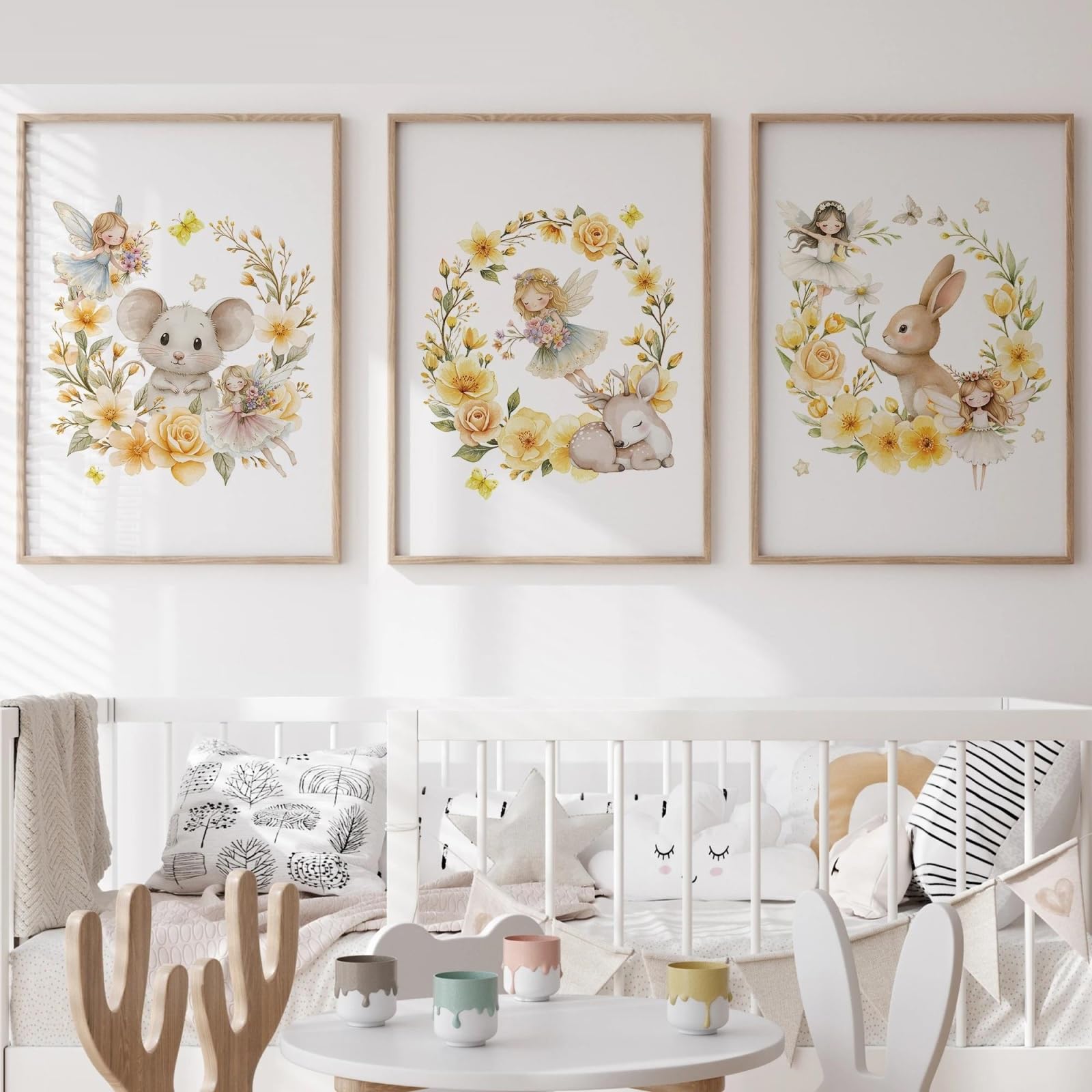 Baibexing Cartoon Yellow Wreath Rabbit Deer Wall Art Print Canvas Painting Poster Picture For Living Room,Bedroom Home Decor 21X30Cmx3Pcs Unframed