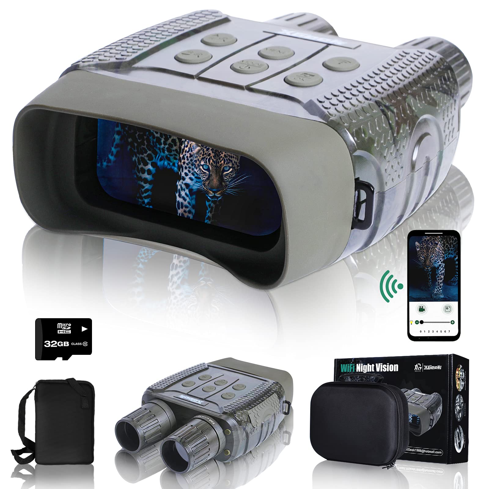 XGeek WiFi Night Vision Digital Goggles Scopes Binoculars for Adults Hunting - 2.4" LCD Screen 4X Zoom, HD Image & 960p Video from 300m/984ft in Darkness with 32G TF Card for Spy, Monitoring