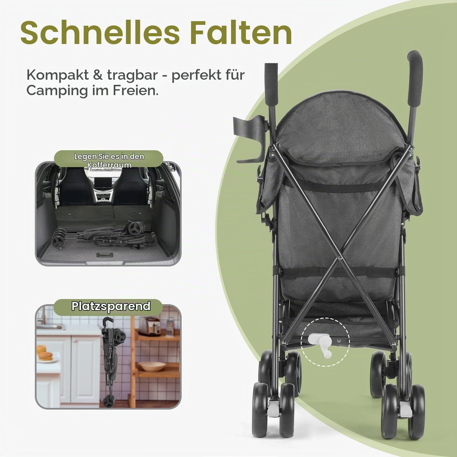 Kinderwagen, Reisekinderwagen mit faltbarem Kinderwagen mit verstellbarem Verdeck, zusammenklappbarer Kinderwagen für Neugeborene mit Aufbewahrungskorb, Getränkehalter, Rädern für Kleinkinder