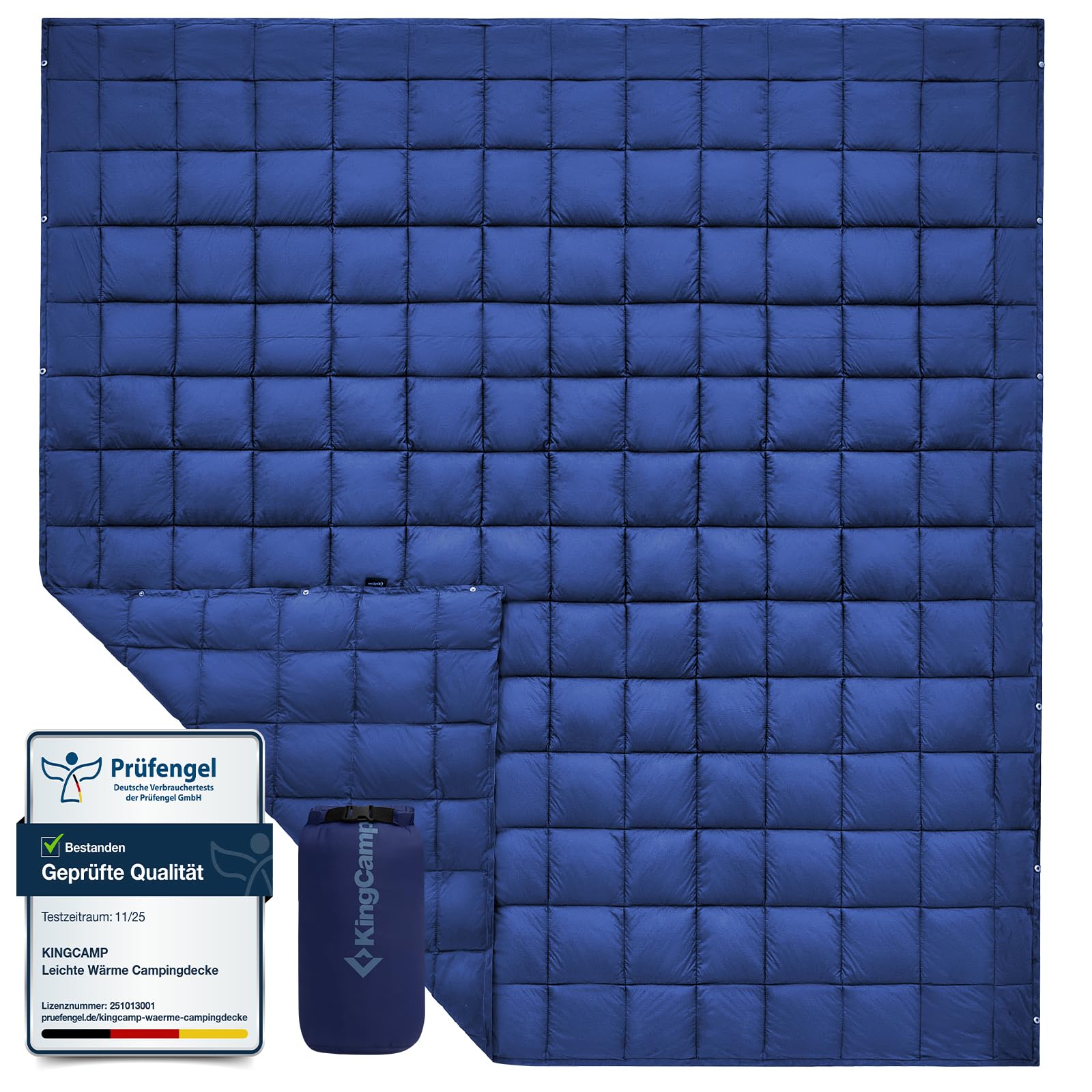 KingCamp Campingdecke, Thermodecke, Ultraleicht, multifunktional, warm, für Reisen, Outdoor, mit Druckknöpfen, leichte Schlafdecke für Wandern, Picknick, Zuhause, Auto, 213 x 203 cm, Marineblau